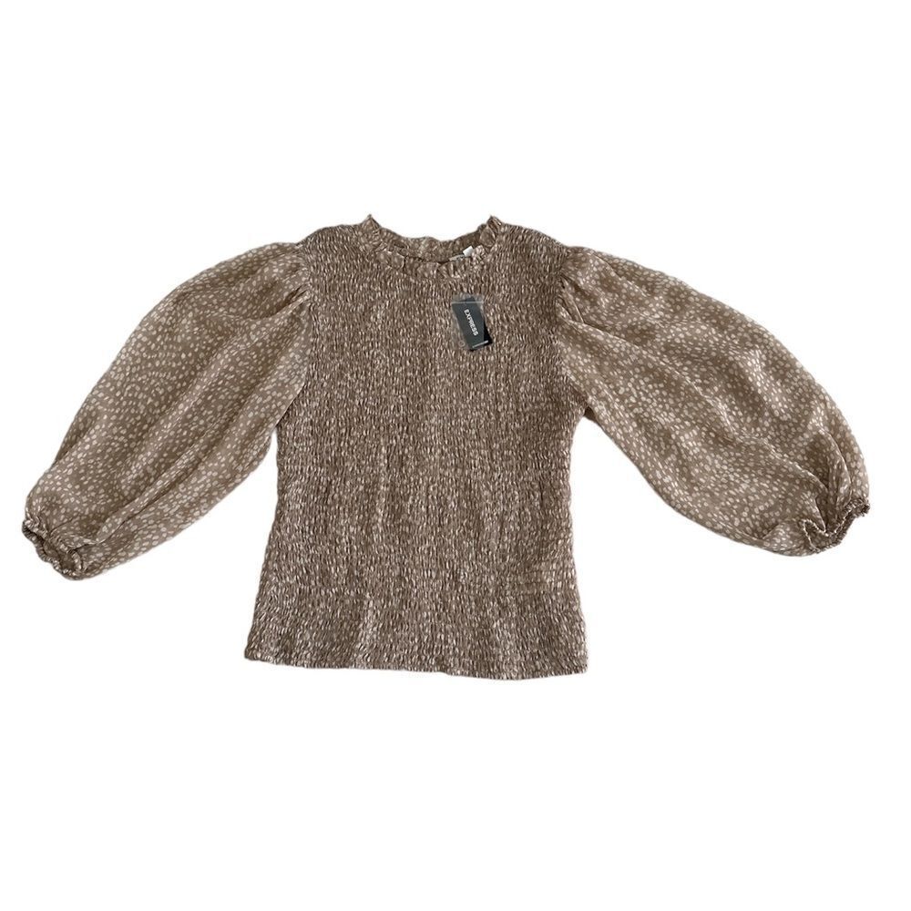 NWT Express Printed Smocked Ruffle Neck Puff Sheer Sleeves Top Sz M